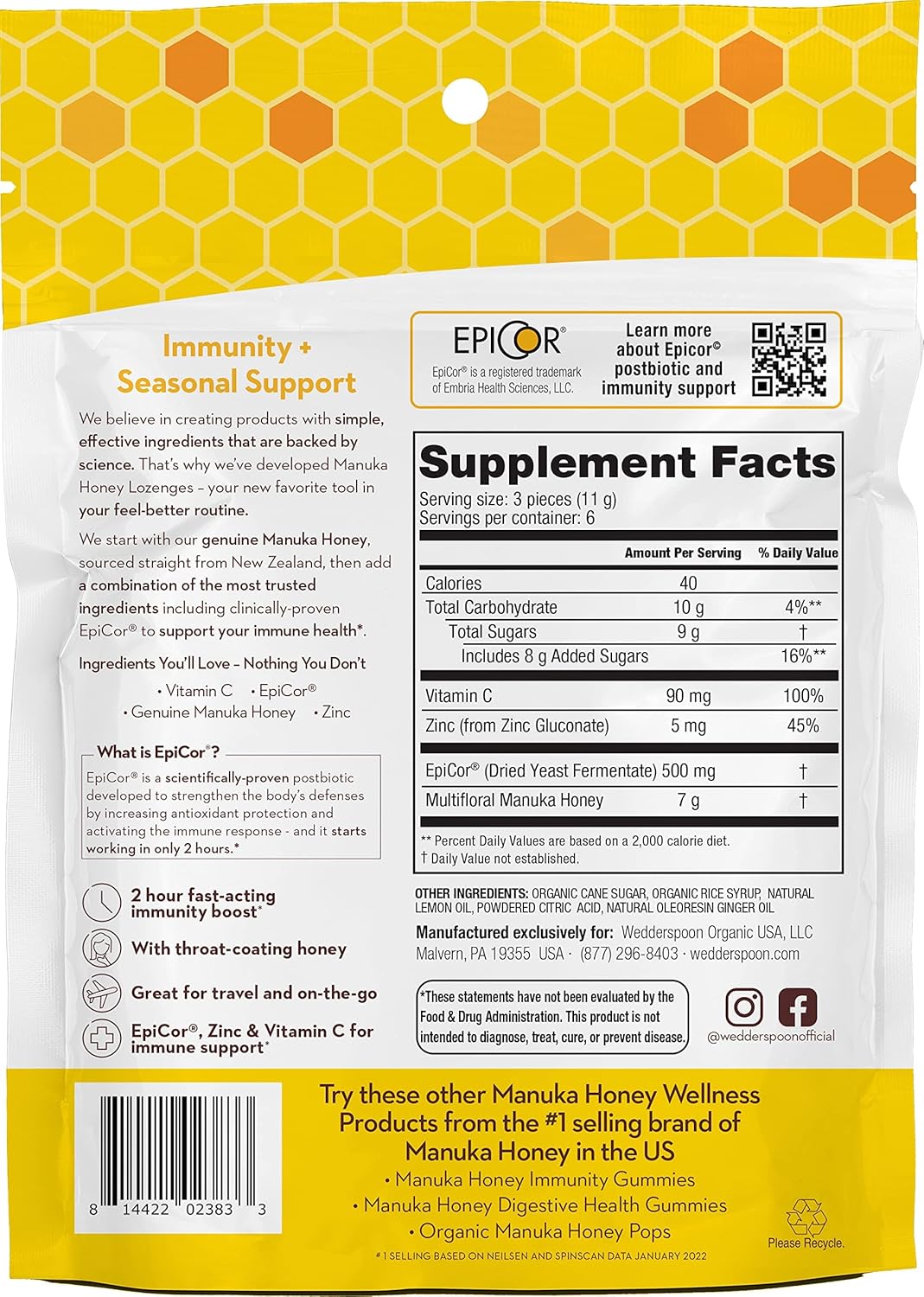 Wedderspoon Manuka Honey Lozenges - Lemon Ginger Flavor, 2.6 Oz | Boost Immunity Fast with Genuine New Zealand Honey