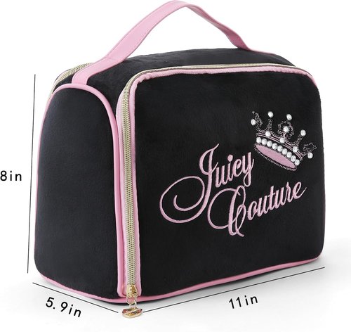 Juicy Couture Black Makeup Bag - Vintage Velour Organizer with Rhinestone Crown for Travel Essentials