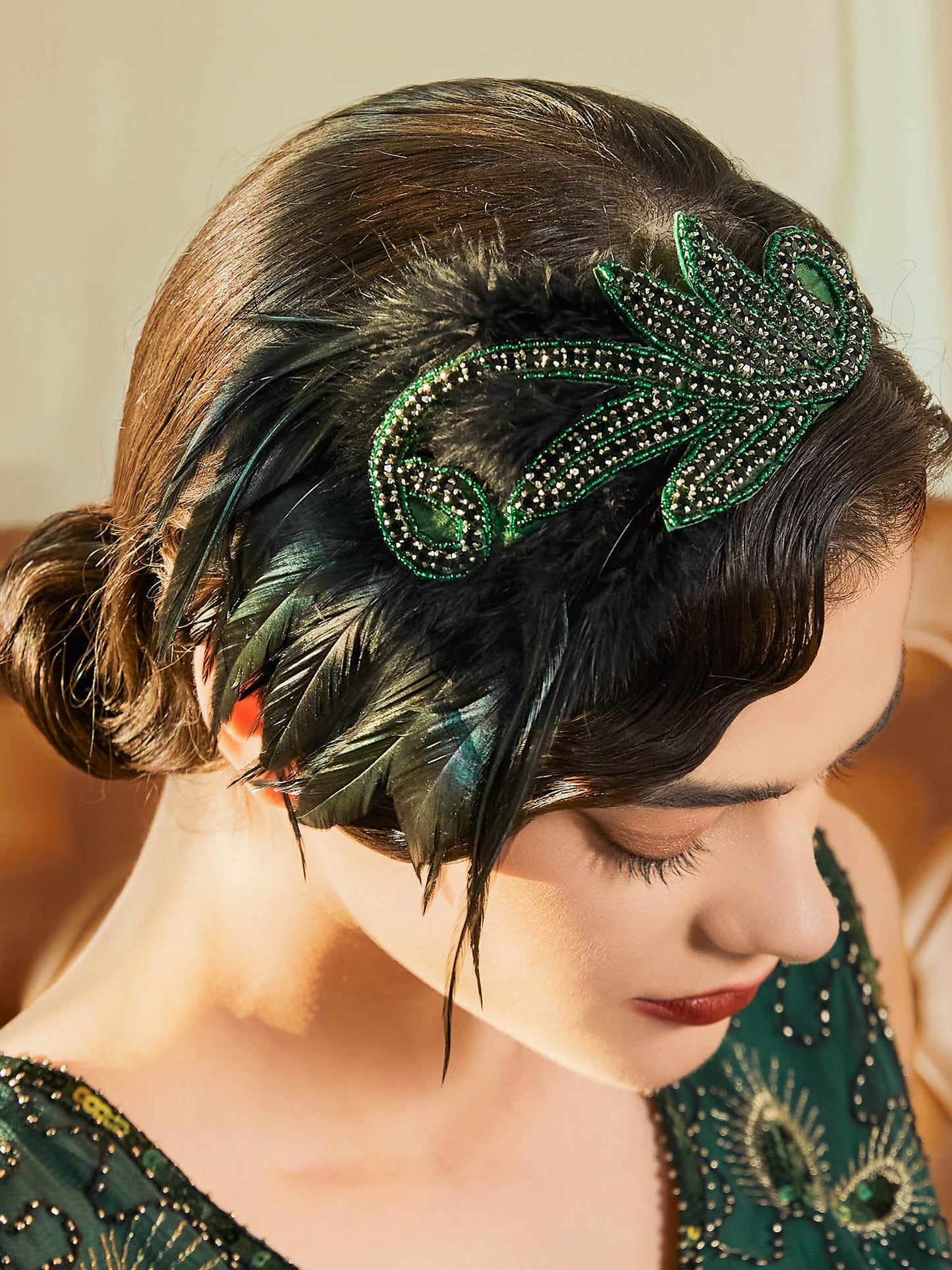 SWEETV 1920s Flapper Headband Vintage Roaring 20s Great Gatsby Feather Headpiece Hair Accessories for Women(Green)