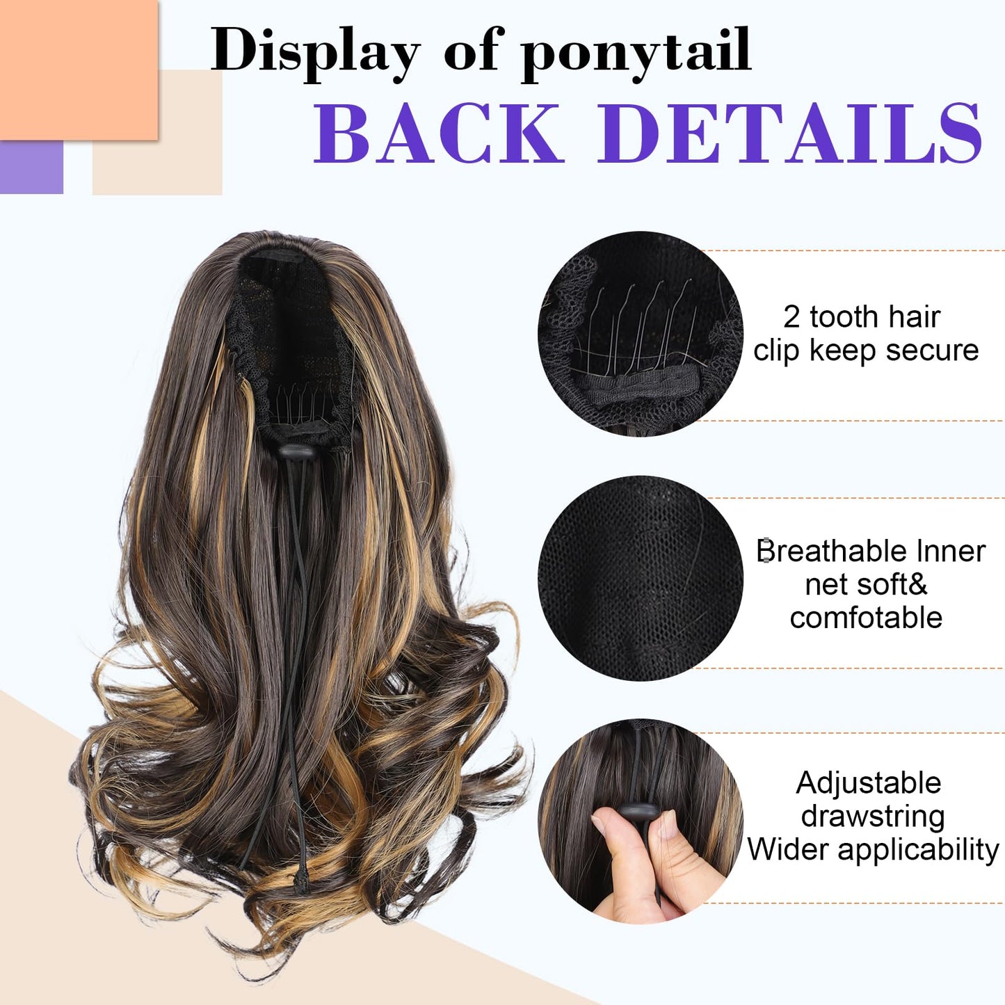 AISI BEAUTY Ponytail Extension Short Curly Wavy Drawstring Ponytail for Women Synthetic Pony Tail hair extensions(11 Inches，Black Brown with Golden Highlights)