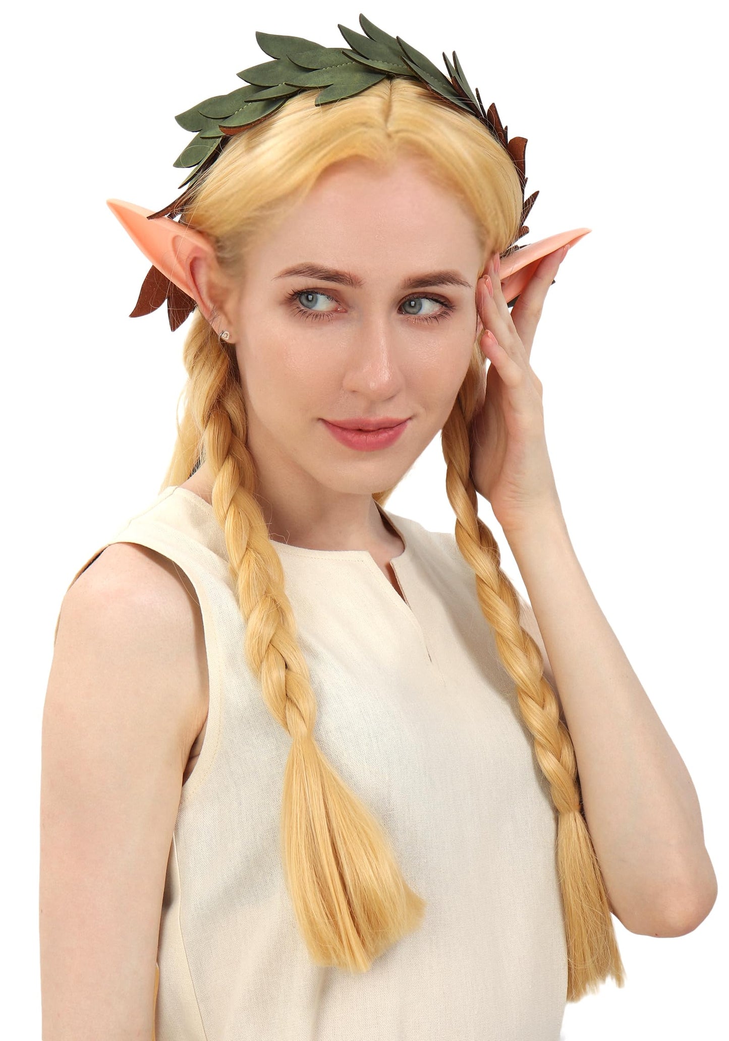 KUOIN Medieval Leaf Crown Headband for Women, Woodland Fairy Elf Faux Leather Tiara Wreath Laurel (Green)