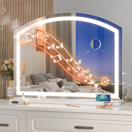 Hasipu Arch Vanity Mirror with Light, 35.8" x 23.6" Bluetooth Makeup Mirror with 10X Magnification, Lighted Makeup Mirror with Bluetooth Speaker, USB Charging Port, Dimmable 3 Colors Mode
