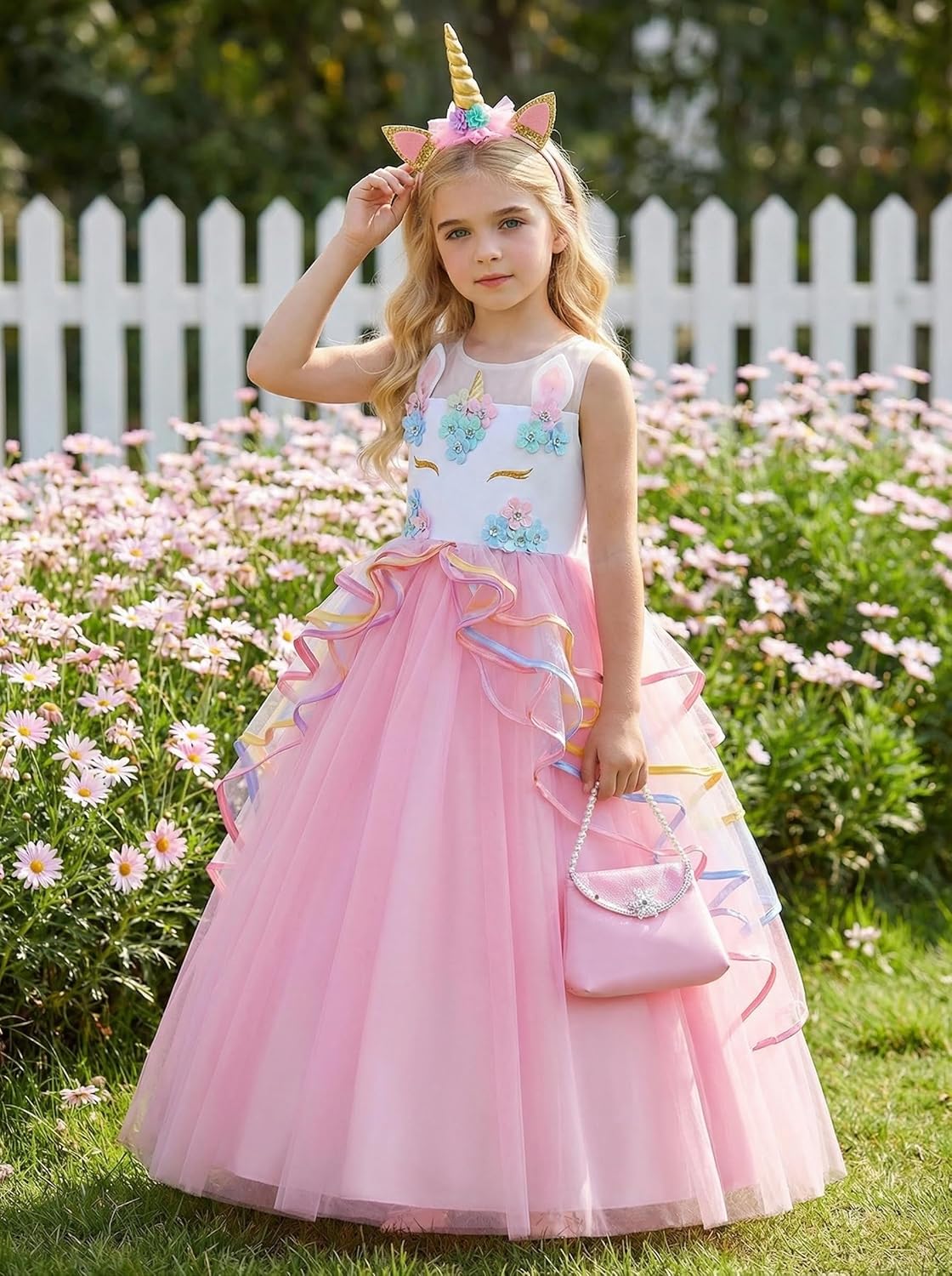 Skiennix Unicorn Dress for Girls - Elegant Pageant Costume with Accessories | Long Gown for Parties & Birthdays