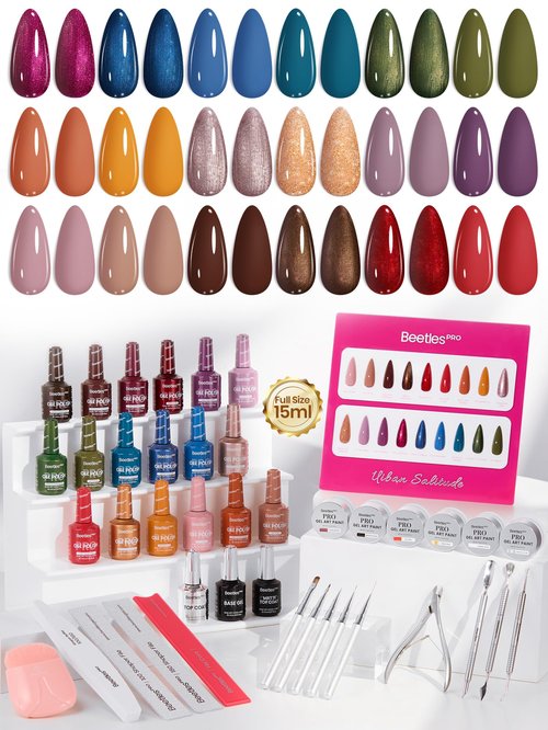 Beetles PRO Gel Polish Set – Urban Solitude Collection, 18 Colors 15ml Full Size Salon Nails Kit with Base Coat, Glossy & Matte Top Coats, 6 Painting Gel For Nails & Tools, UV Nail Lamp Cure Needed