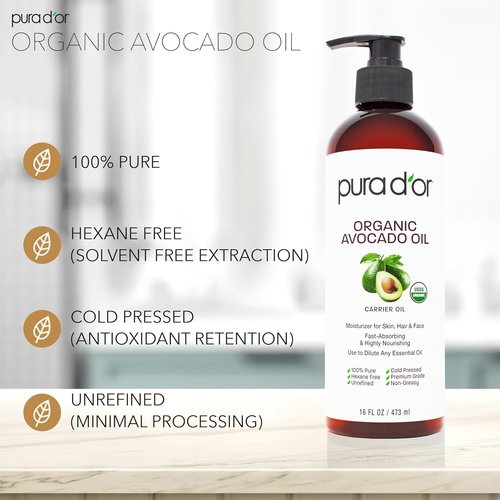 PURA D'OR Organic Avocado Oil - 100% Pure Cold Pressed Moisturizer for Face, Skin & Hair - 16 Oz