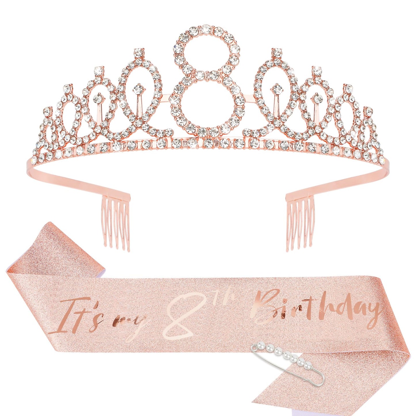 CIEHER 8th Birthday Crown + 8th Birthday Sash + Pearl Pin Set, 8th Birthday Gifts for Girls It's My 8th Birthday Decorations Women Happy 8th Birthday Party Supplies