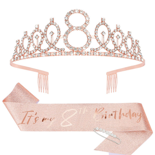 CIEHER 8th Birthday Crown + 8th Birthday Sash + Pearl Pin Set, 8th Birthday Gifts for Girls It's My 8th Birthday Decorations Women Happy 8th Birthday Party Supplies