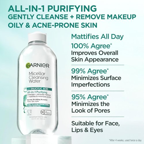Garnier Micellar Water - All-in-One Mattifying Facial Cleanser & Makeup Remover for Oily Skin | 13.5 Fl Oz