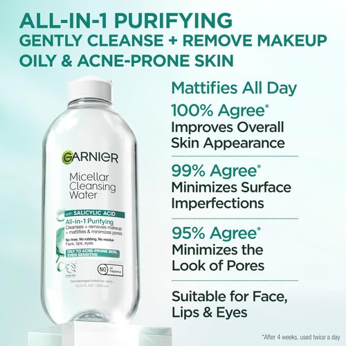 Garnier Micellar Water with Salicylic Acid, All-in-1 Mattifying Facial Cleanser and Makeup Remover for Oily and Acne Prone Skin