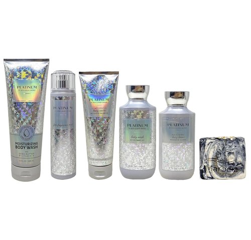 Bath & Body Works Platinum 5-Piece Set | Moisturizing Body Wash, Cream & Lotion with Charcoal Scrub Bar Soap - Full Size