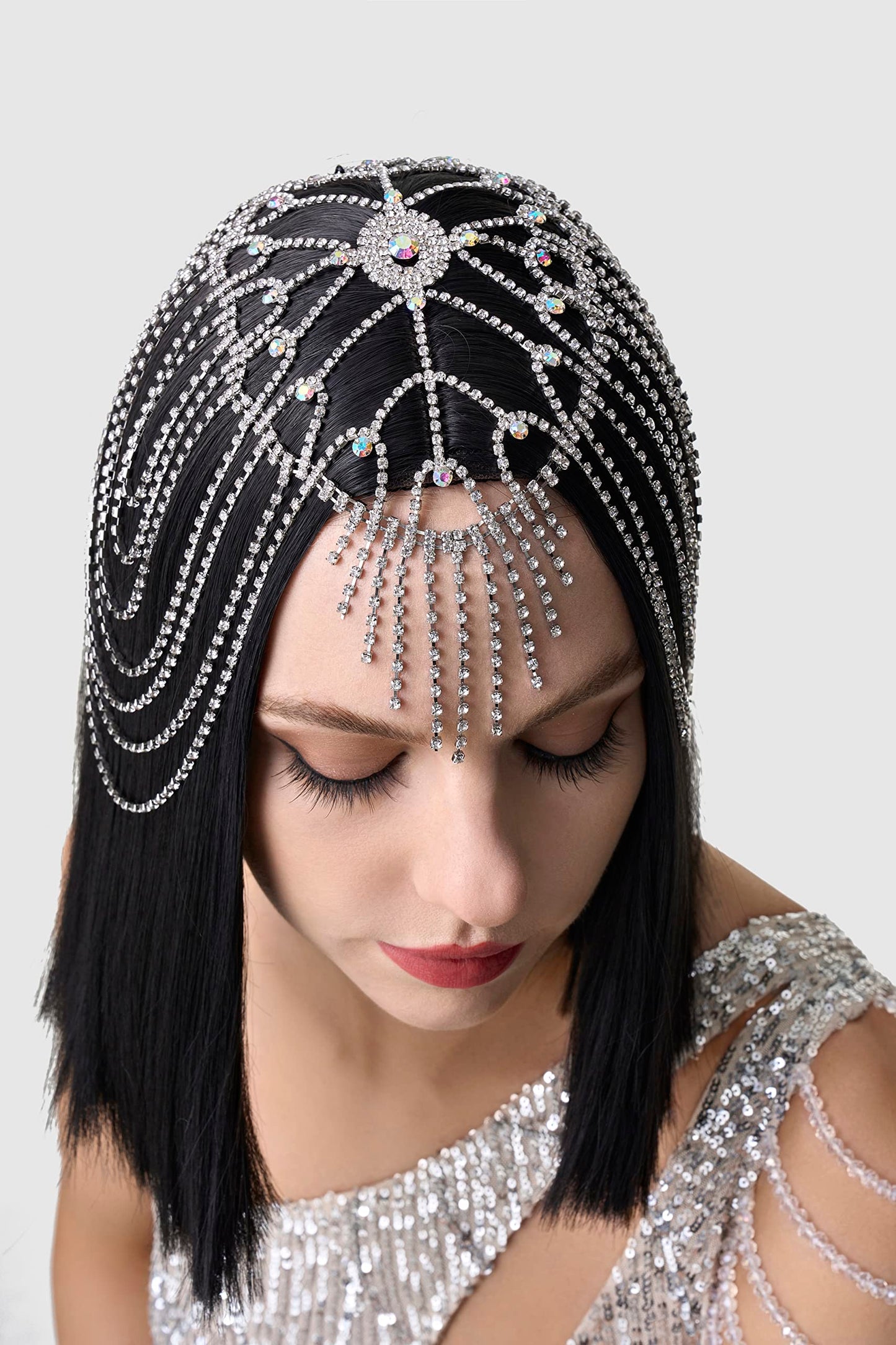 BABEYOND Vintage Style Roaring 20s Crystal Rhinestone Flapper Cap Headpiece Head Jewelry Chains