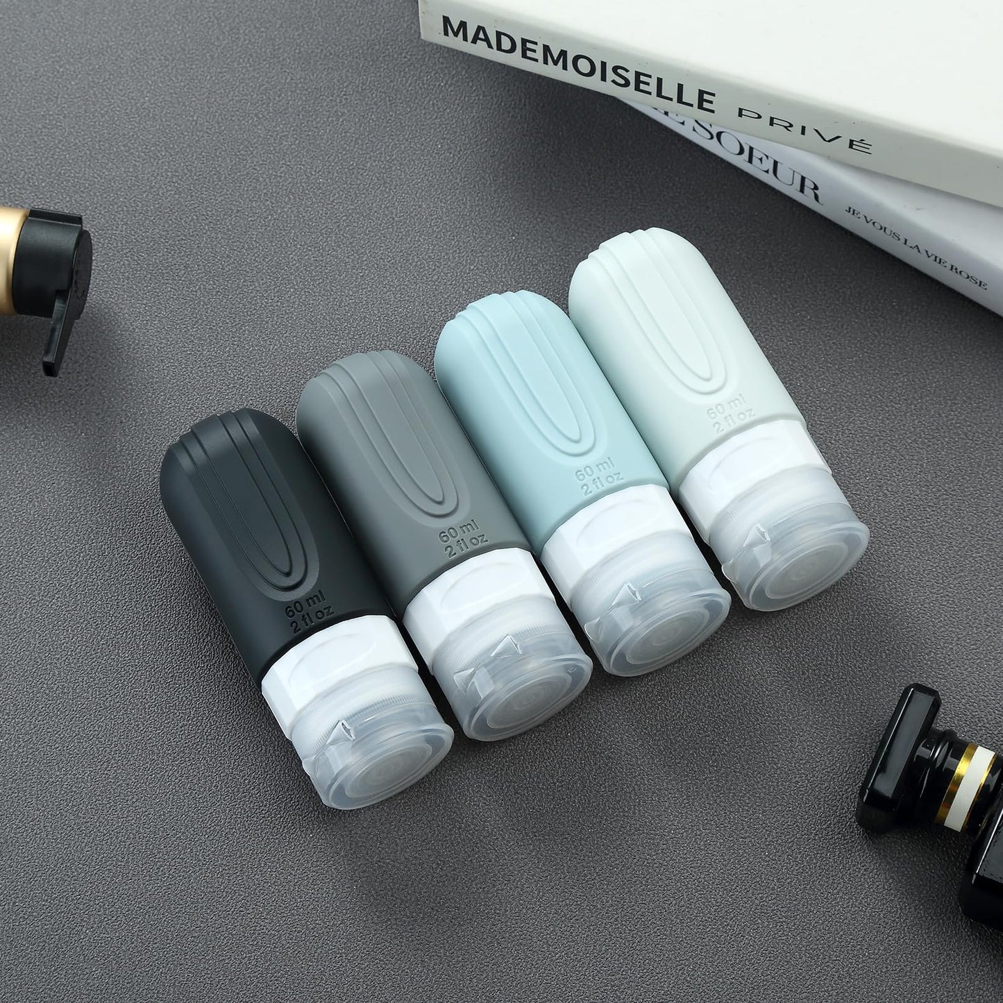 Mrsdry Travel Bottles for Toiletries, Tsa Approved 2oz Travel size Bottles, BPA Free Leak Proof Travel Toiletry Containers, Refillable Travel Accessories with Toiletry Bag for Shampoo Liquid (4 Pack)