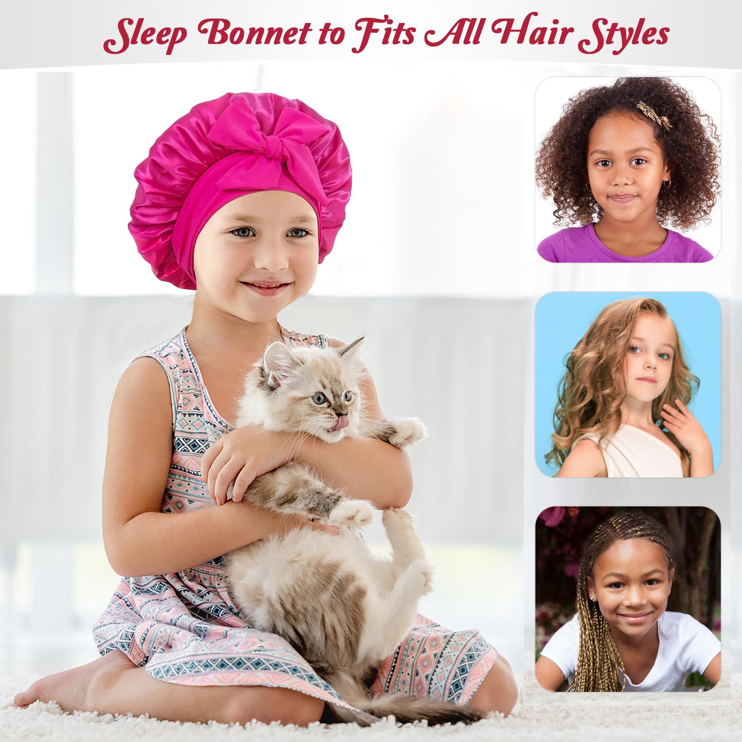 choshion 2 PCS Kids Bonnets for Girls, Silk Bonnet for Kids, Satin Silk Hair Bonnet for Sleeping with Tie Band, Baby Toddler Teens Child Sleep Cap for Curly Hair Braids