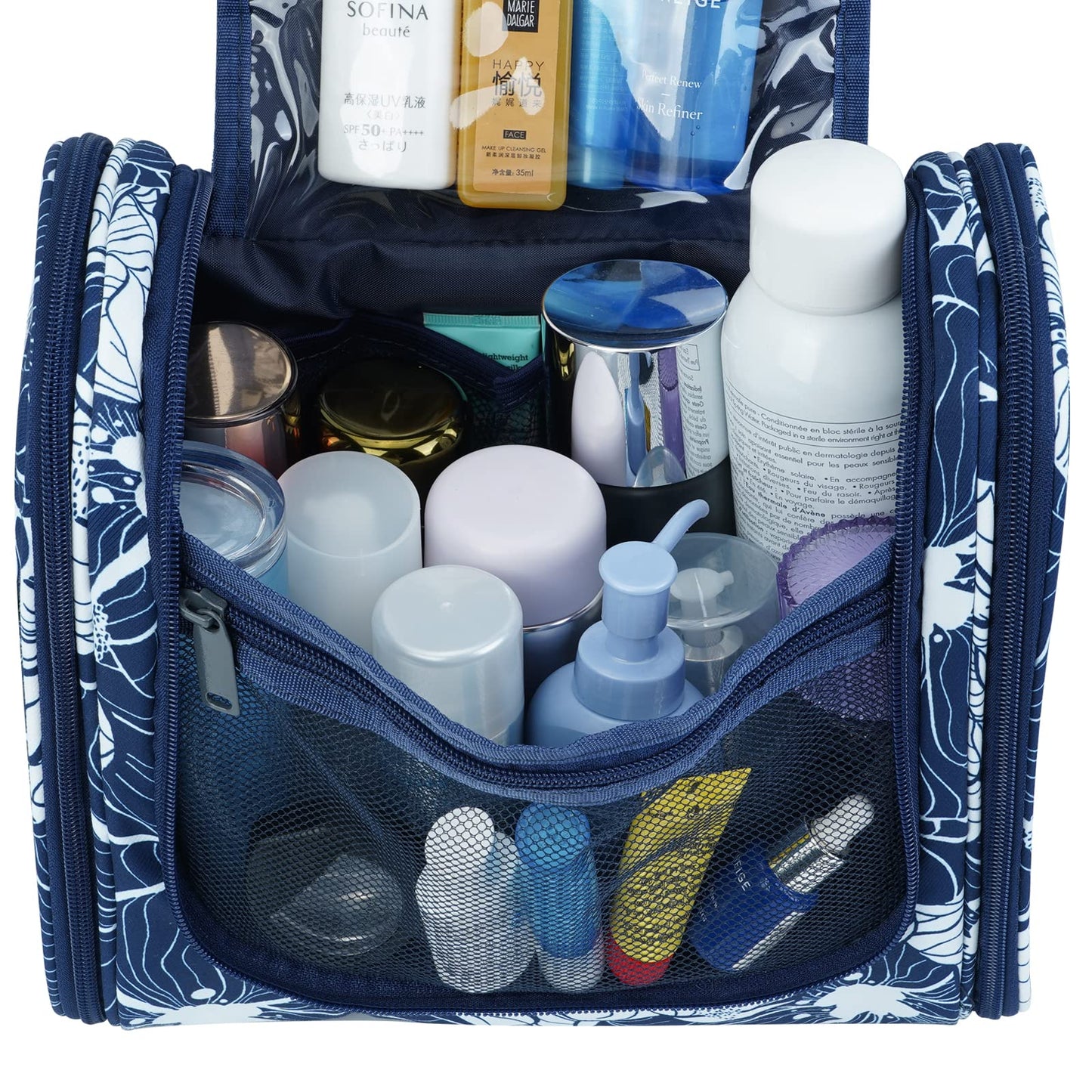 Hanging Toiletry Bag for Women Travel Makeup Bag Organizer Toiletries Bag for Cosmetics Essentials Accessories (Large, Blue Lotus)