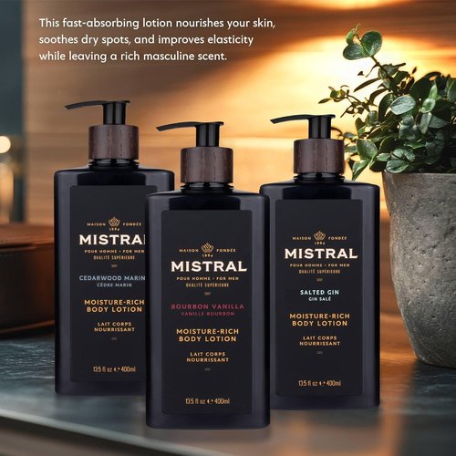 Mistral Bourbon Vanilla Body Lotion for Men - Moisture-Rich, Fast-Absorbing Cream with Shea Oil & Squalane | Paraben-Free, Masculine Scent - 13.5 fl oz