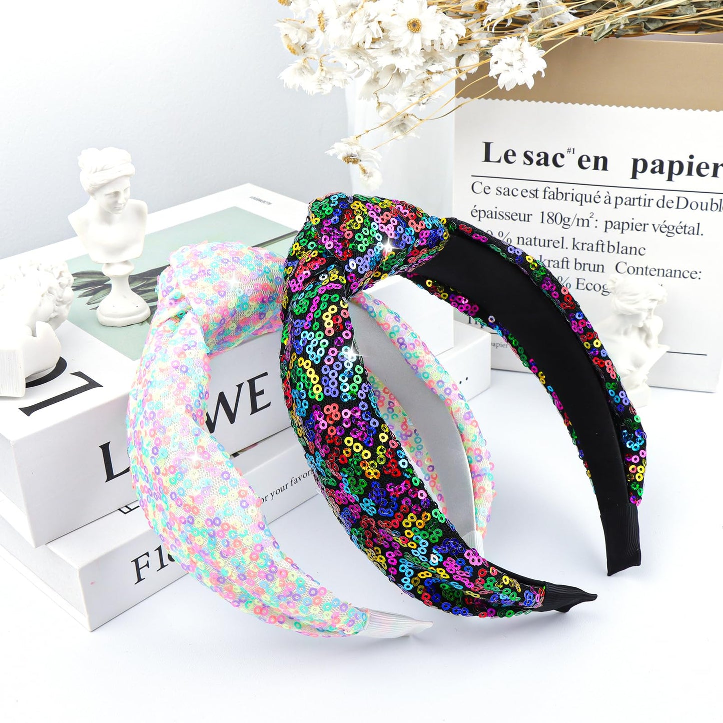 Lanmerry Knotted Headband for Women Rainbow Pride Accessories Sequins Square Headband Glitter Hairbands Girls Fashion LGBTQ Tween Girls Gifts 2Pcs Sparkly Hair Hoop