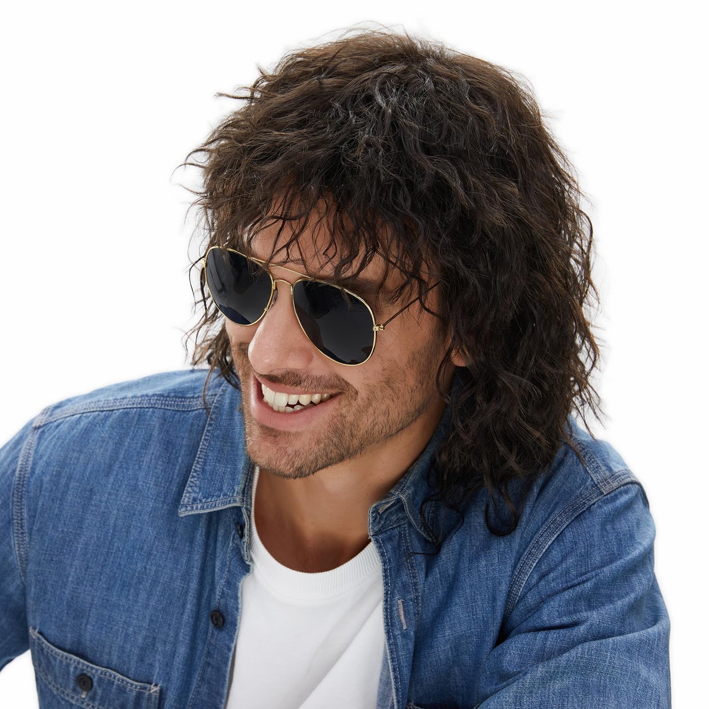 MEDISIFA Mullet 70s 80s Wig with Bangs Dark Brown Long Disco Hair Curly Men Wigs for Mens Man Male Hippie Rocking 80s Them Party Cosplay Costume Anime Heat Resistant Synthetic Hair Wig 70's Wig