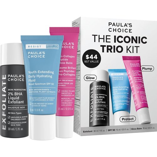 Paula’s Choice Iconic Trio Kit - Travel Size 2% BHA Exfoliant, SPF 50 Moisturizer & Peptide Gloss Balm