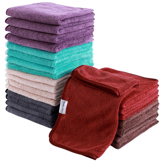 Cosy Family 24 Pack Soft Washcloths Set - 12 x 12 inches, Quick Drying - Highly Absorbent Coral Velvet Fingertip Towel Bathroom Wash Clothes for Bath, Spa, Facial, Kitchen - Dark Color