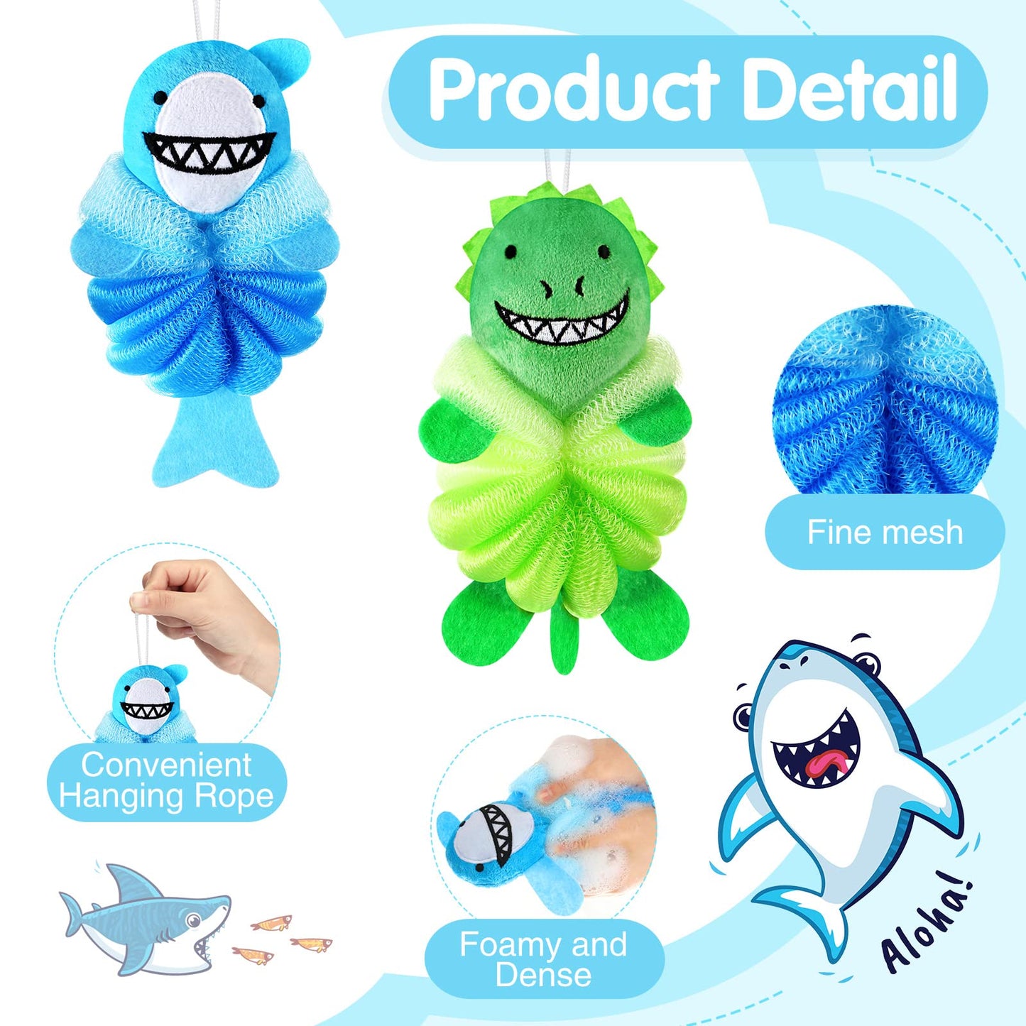Nuenen 2 Pcs Bath Loofahs Kids Toddler Cute Cartoon Bath Sponges Loofah Pouf Body Scrubber Mesh Sponges for Children Shower Washing Exfoliating