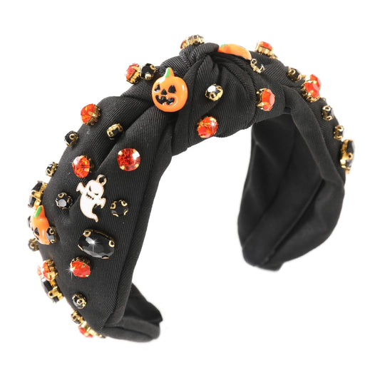 Gmmidea Halloween Jeweled Knotted Headbands for Women Sparkly Crystal Rhinestone Headband Wide Knot Pumpkin Ghost Embellished Hair Band Party Costume Hair Accessories Black