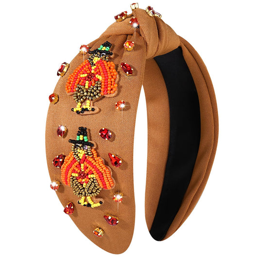 mokkia Thanksgiving Headband Fall Accessories for Women Beaded Turkey Maple Leaf Pumpkin Knotted Headband Jeweled Rhinestone Pearl Top Knot Headband Autumn Fall Outfit Gifts