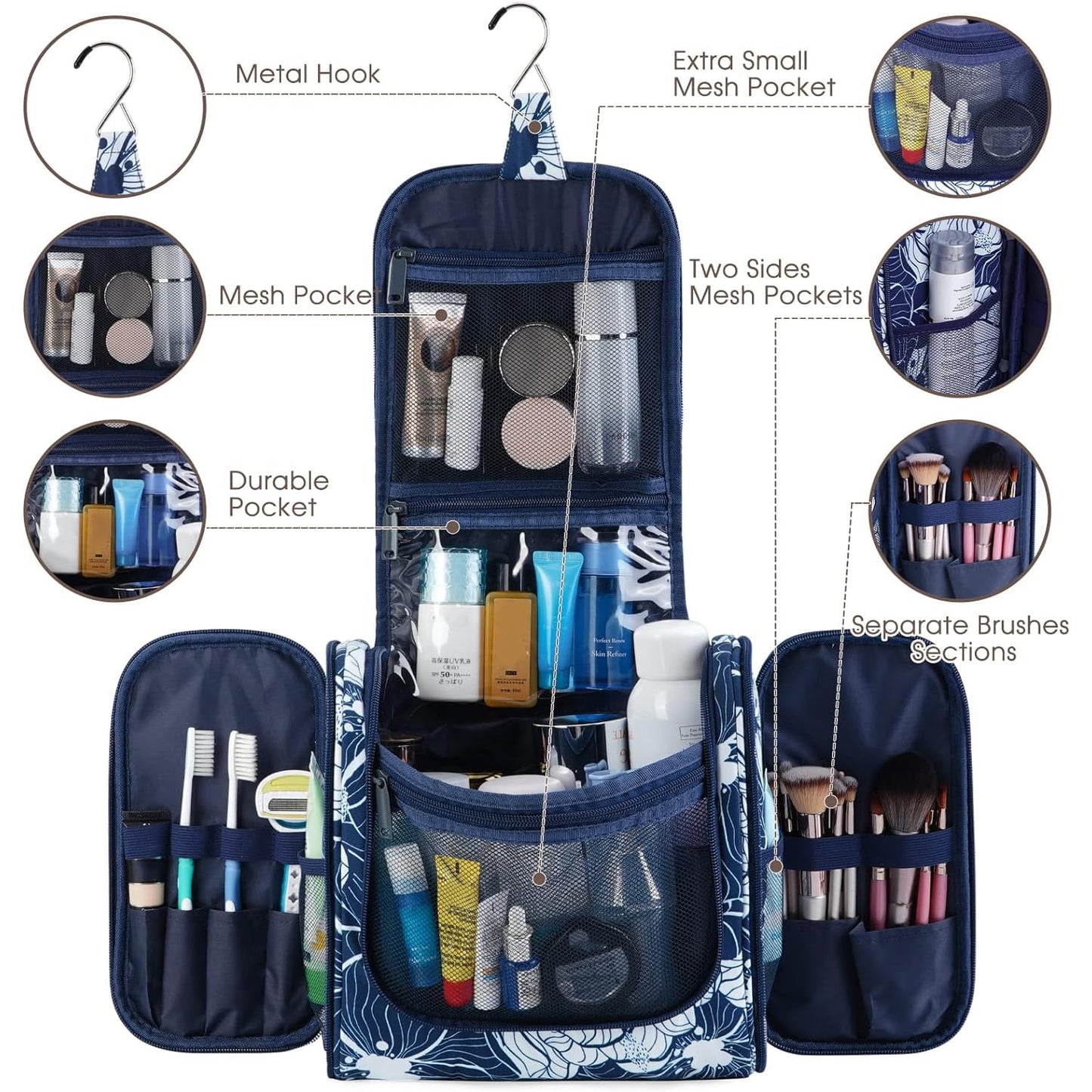 Hanging Toiletry Bag for Women Travel Makeup Bag Organizer Toiletries Bag for Cosmetics Essentials Accessories (Large, Blue Lotus)