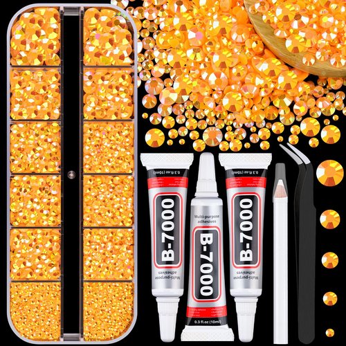 Resin Jelly Rhinestones for Crafting with B7000 Jewelry Glue, 1 Box Light Orange AB Flatback Crystal with 3Pcs 10ml Glue, Bedazzling Non Hotfix Gems for DIY Tumblers Clothing Shoes Manicure