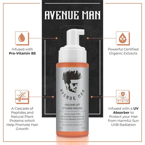 Avenue Man Volume Lift Mousse - 5.07 oz Hair Foam with Argan Oil & Silk Protein for Strong, Thick Hair | Alcohol & Paraben Free