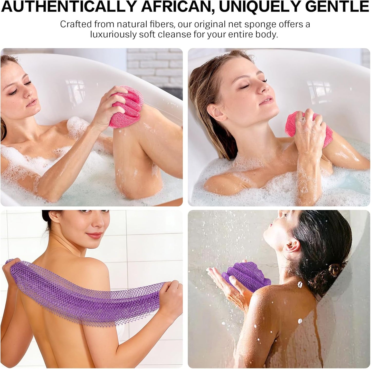 UJFQBH Exfoliating Body Scrubber - 2-Piece African Net Sponge Set for Deep Cleansing & Dead Skin Removal | Pink & Purple
