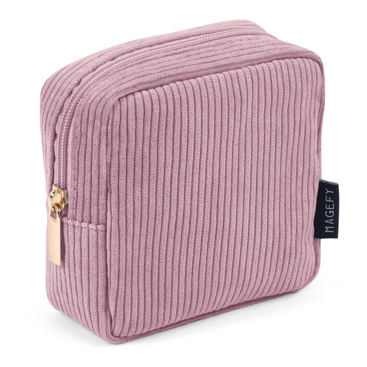 MAGEFY Small Makeup Bag for Purse Mini Cosmetics Bag Corduroy Cute Cosmetic Pouch for Women with Slip-in Pockets (Pink)
