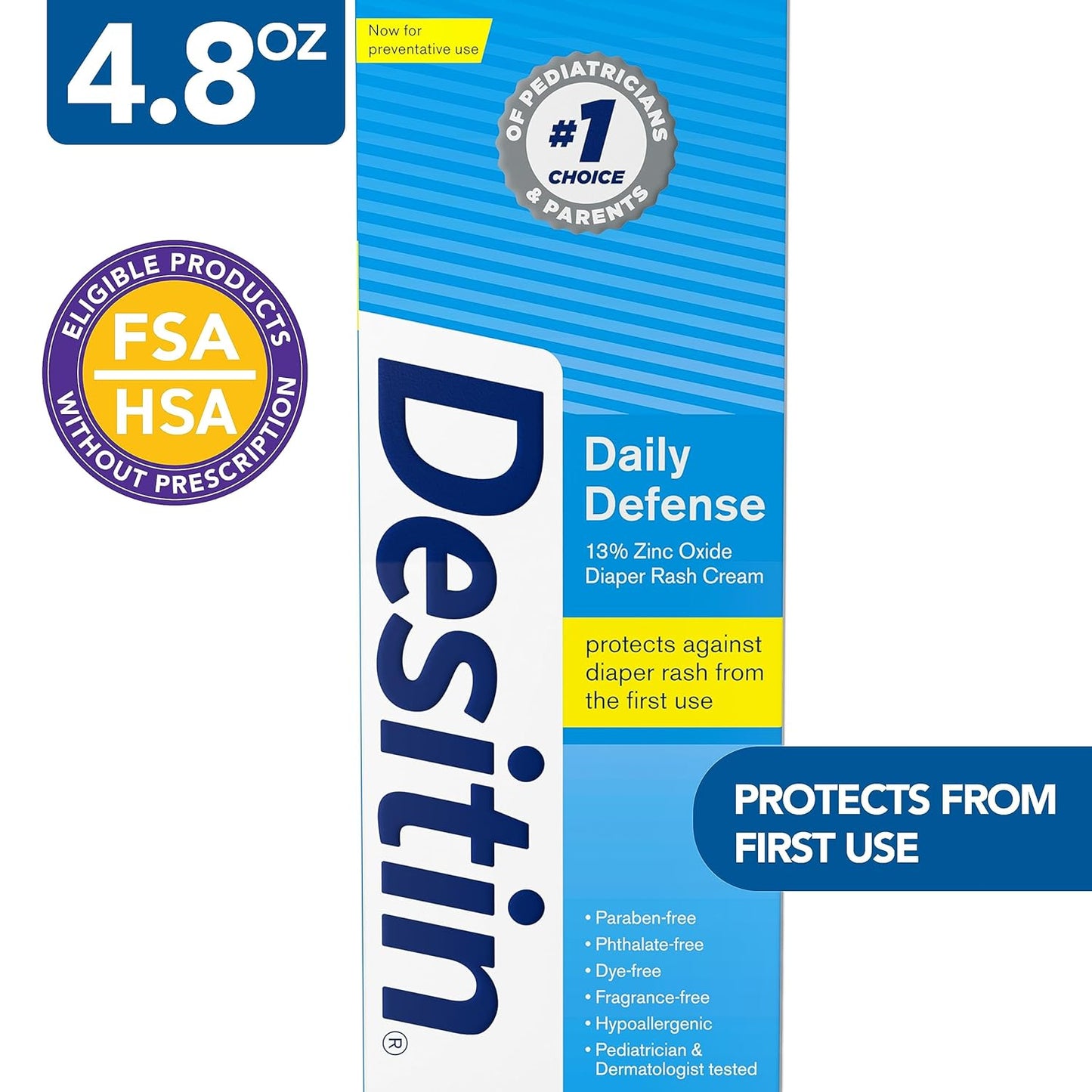 Desitin Daily Defense Baby Diaper Rash Cream - Zinc Oxide Formula, Hypoallergenic, 4.8 oz