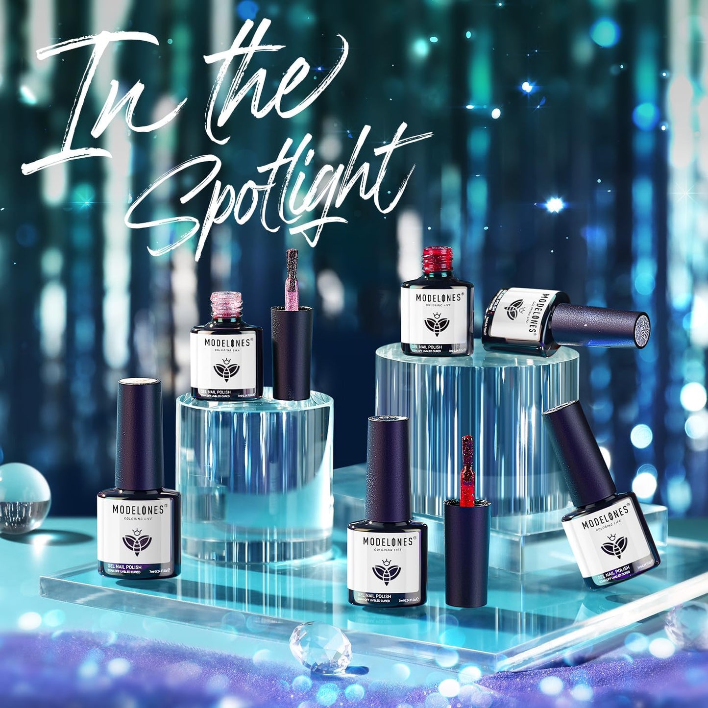 modelones Reflective Glitter Gel Nail Polish Set of 6 Colors Pink Red Black Silver Shimmer Sparkle Gel Polish Collection Kit LED Soak Off Nail Polish Manicure Art Gel Kit Home DIY Nail Salon