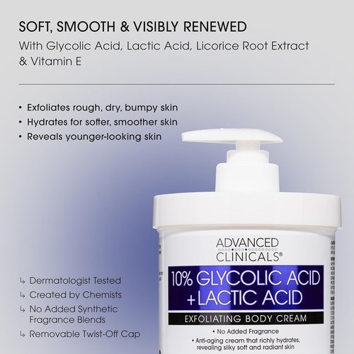 Advanced Clinicals 10% Glycolic Acid Lotion - Exfoliating Moisturizer With Hyaluronic Acid | 16 Oz AHA Cream for Smooth, Even Skin