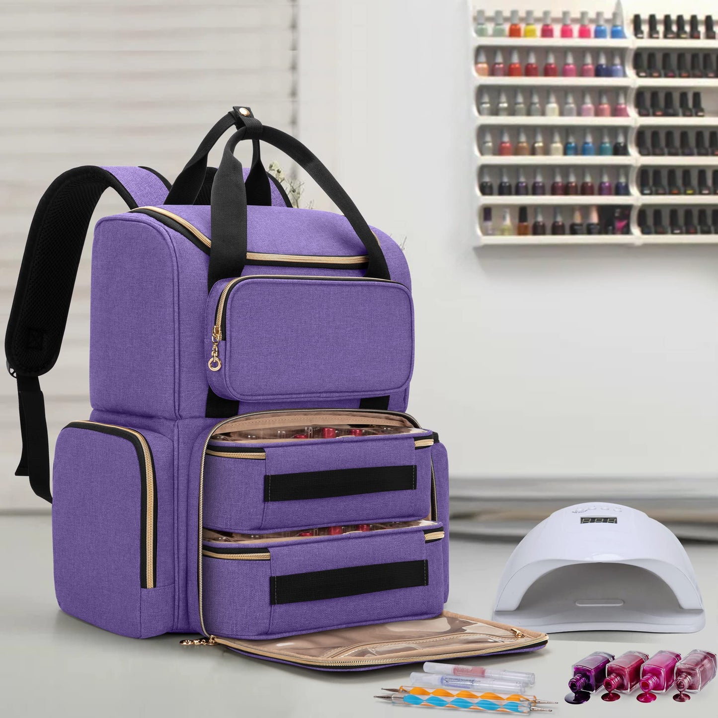 LUXJA Nail Polish Organizer - Backpack Version Holds 70 Bottles and a Nail Lamp, Travel Bag with 2 Removable Cases and Tools Storage Pockets (Patent Pending), Purple