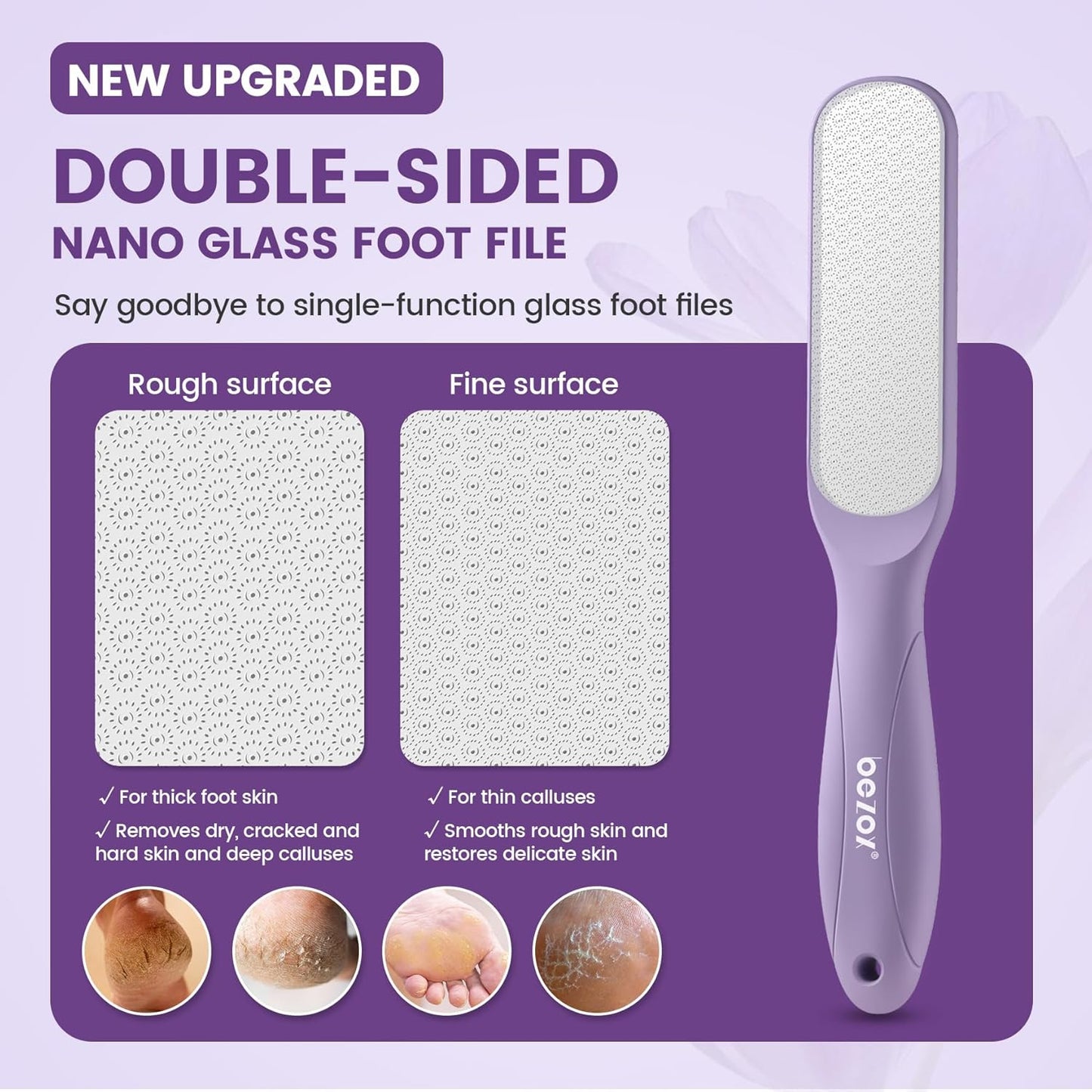 BEZOX Glass Foot File - Professional Callus Remover for Silky Smooth Heels | Washable Foot Scraper - Purple