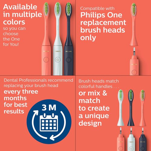 Philips Sonicare One Electric Battery Powered Toothbrush With Sleek Travel Case and 2pk Heads - Miami Coral, HY100-01