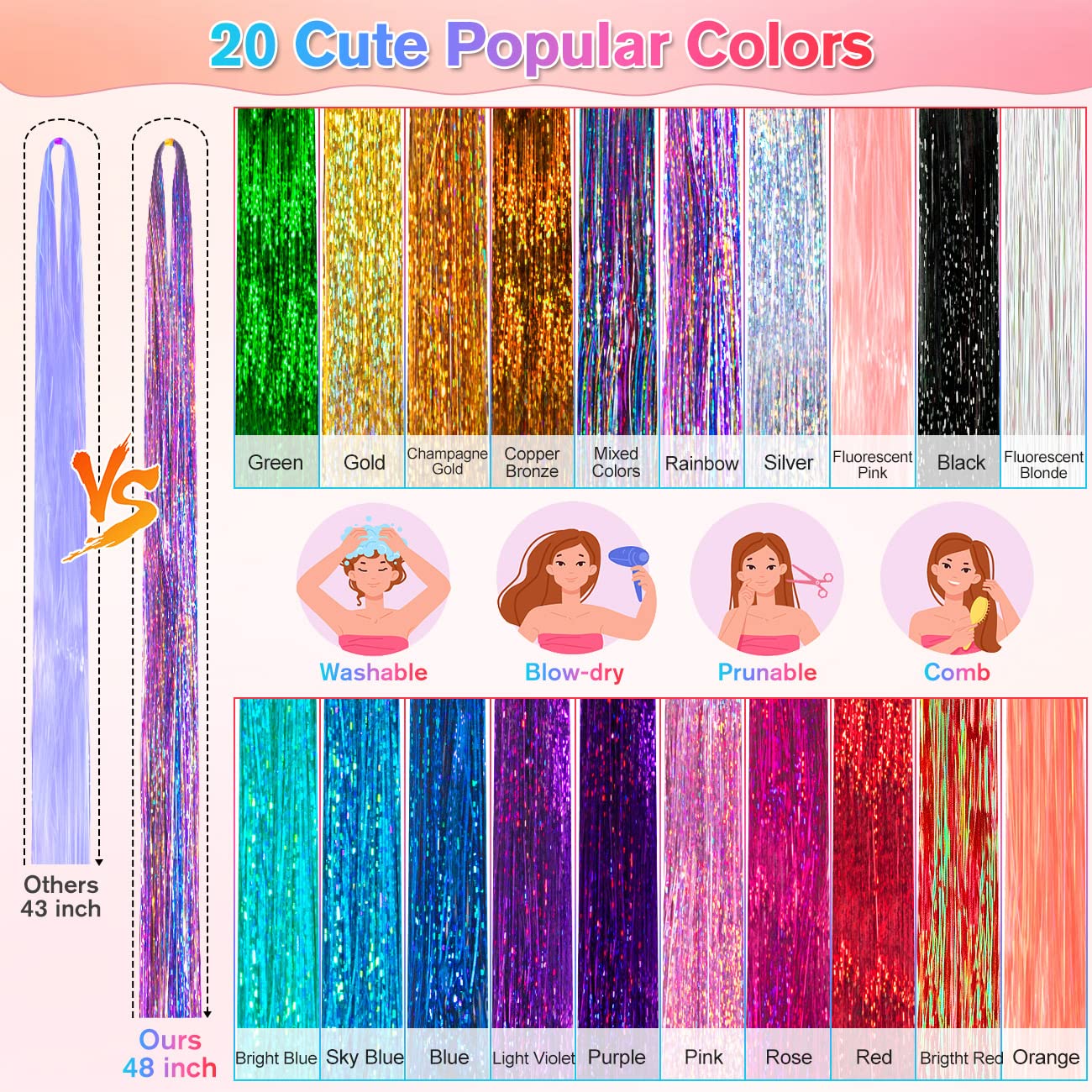 20 Colors 48 Inch Fairy Hair Extensions - Heat Resistant Tinsel Hair Accessories Kit with Tools and Rhinestones for Women and Girls, 4000 Strands