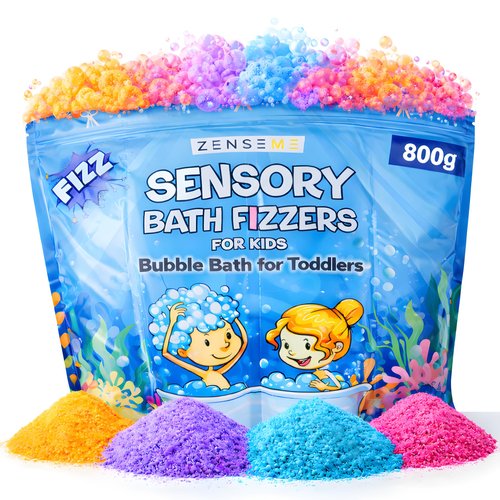 Zenseme Bubble Bath for Toddlers 1-3 - Colorful Bath Fizzies Powder – 4 Bubble Fizzing Bath Colours - Fun & Educational Bath Gift Set - Crack Sounds & Sensory Fun - Resealable 800g Bag