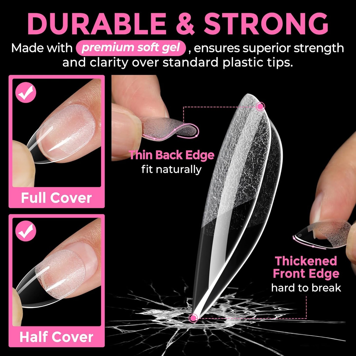 UNA GELLA Short Almond Fake Nails - 216pcs Pre-Shaped Gel Acrylic Tips for Full Cover Extensions | 12 Sizes