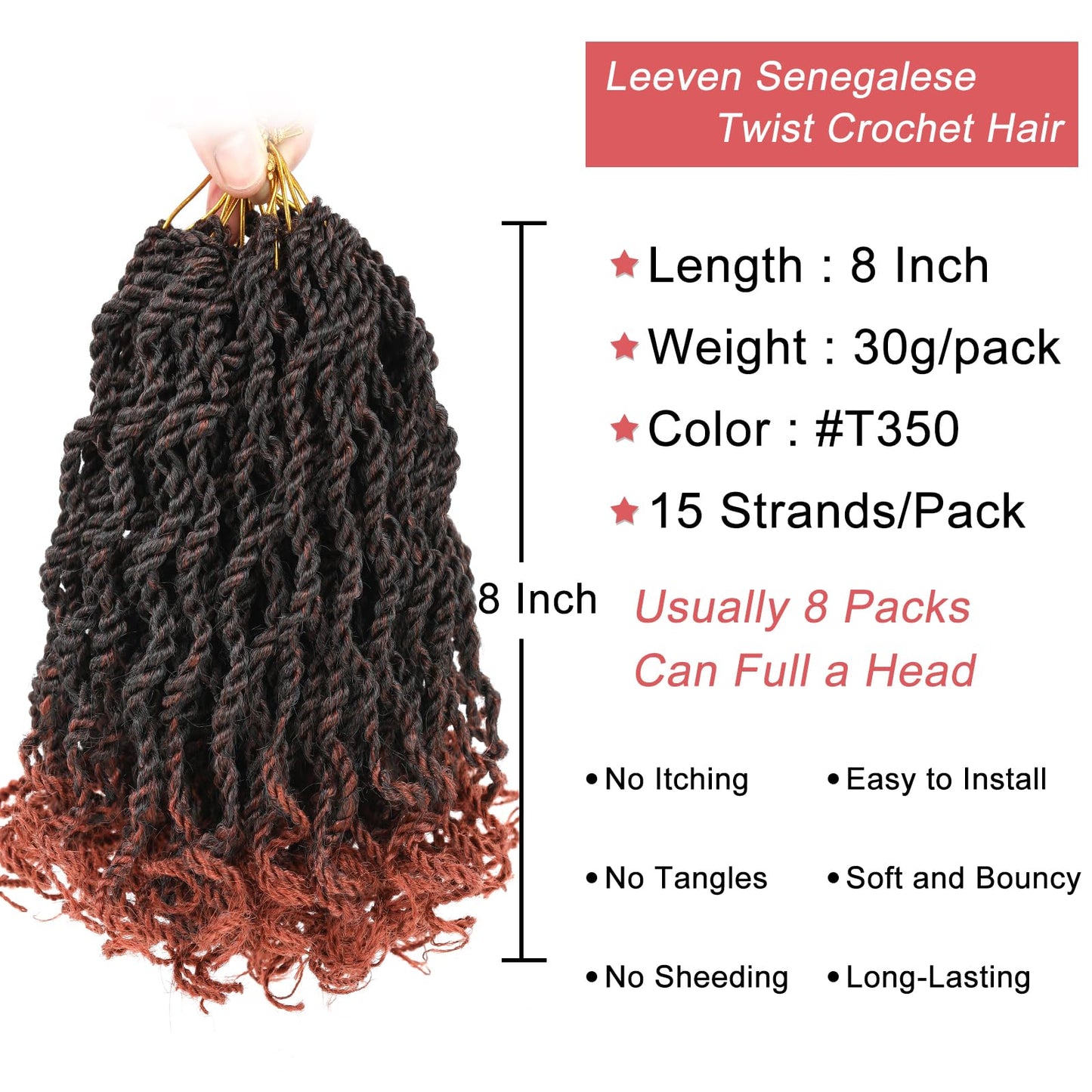 Leeven 8 Inch Senegalese Twist Crochet Hair with Curly Ends 8 Packs Ombre Copper Red Pre Looped Short Wavy Crochet Braids for Kids Women Ginger Pre Twist Small Hanava Twist Synthetic Braiding Hair