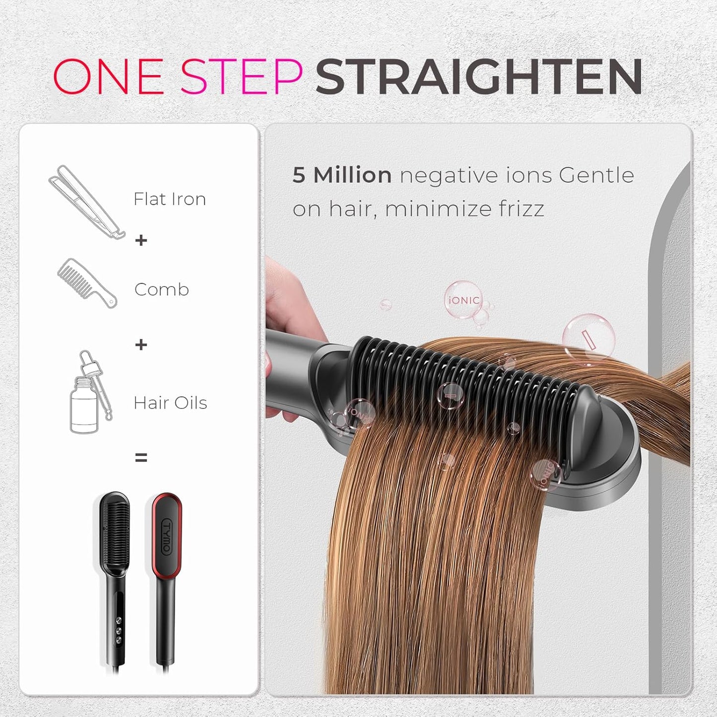 TYMO Ring Plus Ionic Hair Straightener Brush - Professional Styling Tool with Titanium Coating & 9 Temp Settings