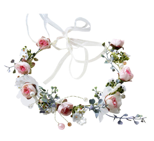 LLinfflr Rose Flower Crown Boho Flower Headband Hair Wreath Floral Halo Headpiece with Ribbon Wedding Party Pink