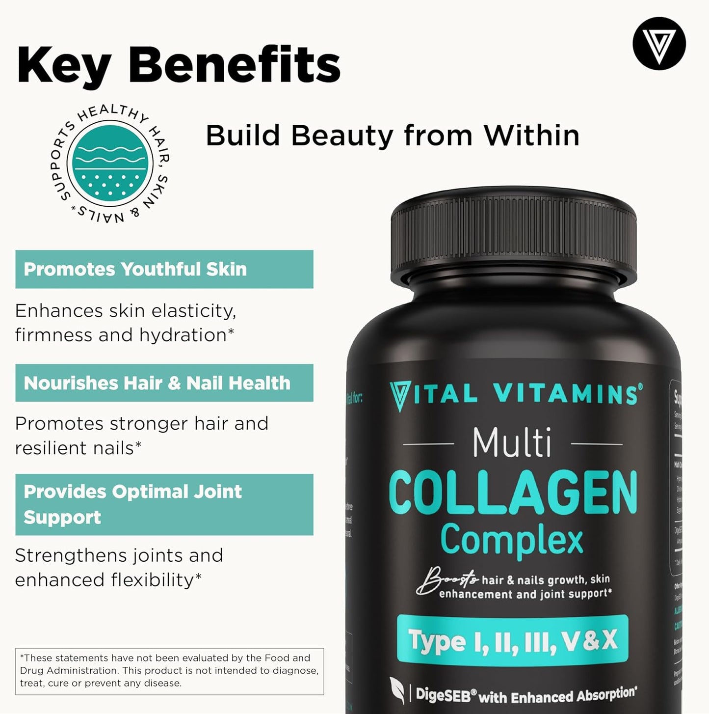 Vital Vitamins Multi Collagen Supplement - Types I, II, III, V, X - Grass Fed & Non-GMO - 150 Capsules
