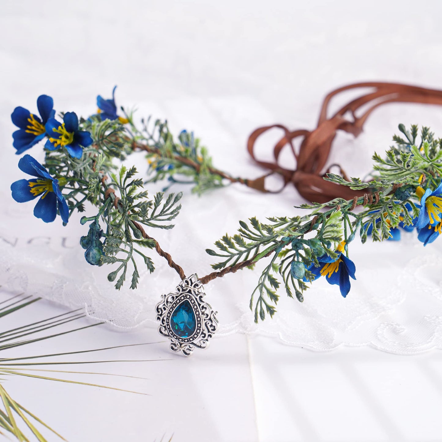 MOSTORY Woodland Fairy Flower Crown - Elf Floral Headpiece Blue Daphne with Crystal Elven Tiara Handmade for Women Girls Bridal Variable Size Wreath Headband for Cosplay Halloween Christmas Wedding