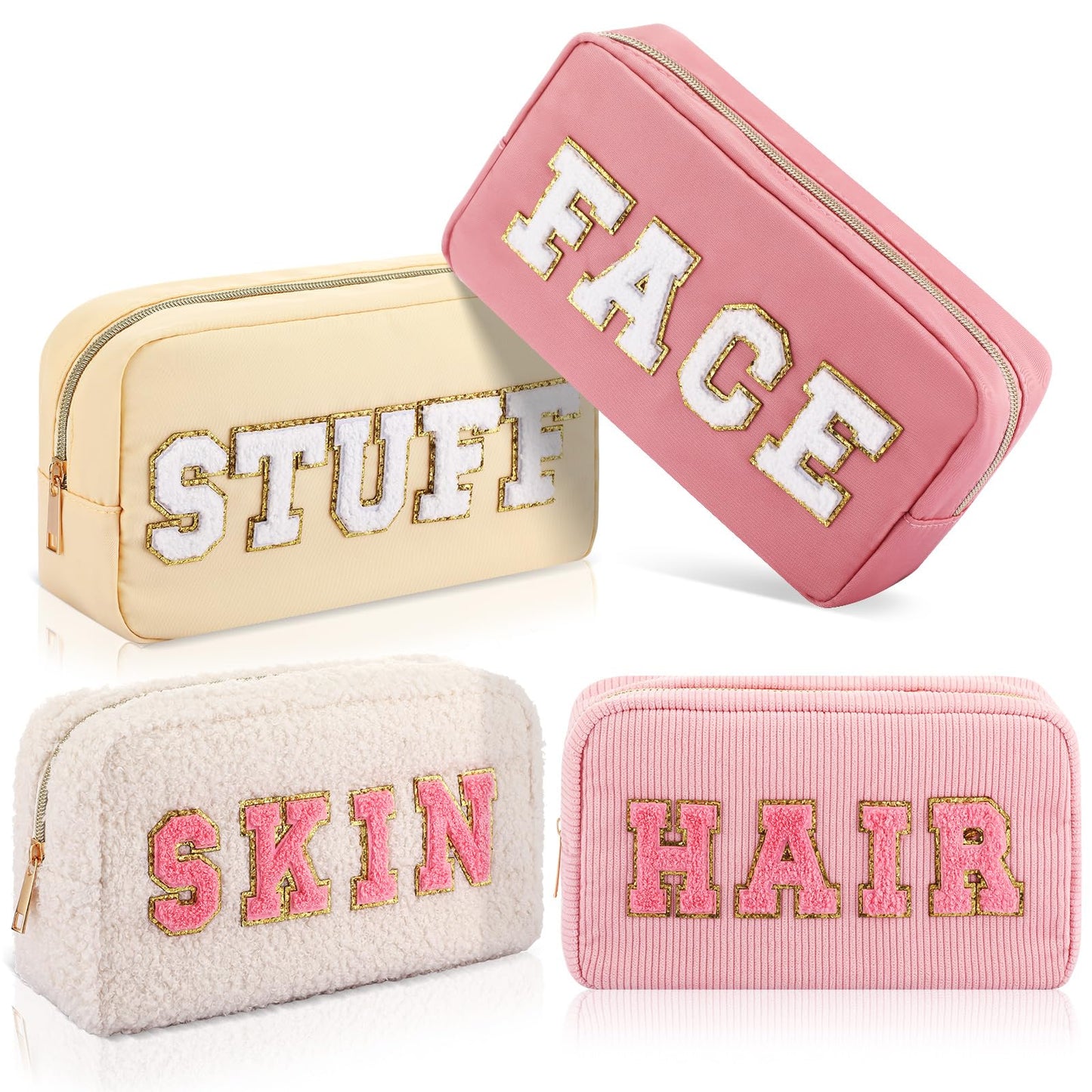 Kajaia 4 Pcs Preppy Makeup Bags Chenille Letter Stuff Bag Cute Cosmetic Pouch Cases for Women Trave Toiletry spend the night(Beige, Powder, Milk White, Pink,Grace)