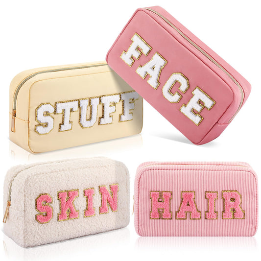 Kajaia 4 Pcs Preppy Makeup Bags Chenille Letter Stuff Bag Cute Cosmetic Pouch Cases for Women Trave Toiletry spend the night(Beige, Powder, Milk White, Pink,Grace)