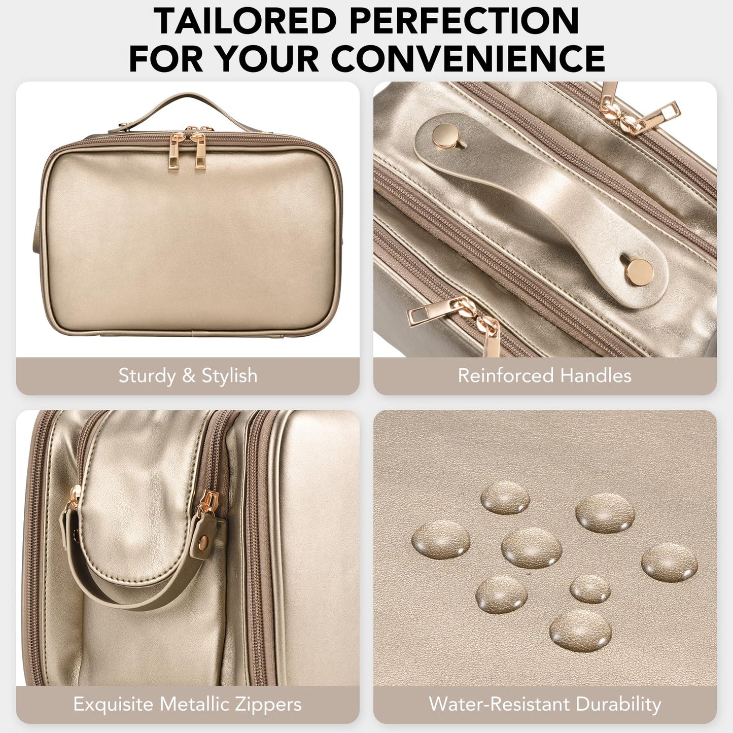 Travel Makeup Bag Women's Large Capacity Cosmetic Portable Organizer Large Opening Waterproof Storage Toiletry Bags Vertical Free-Standing Brush Holder for Easy Access Copper