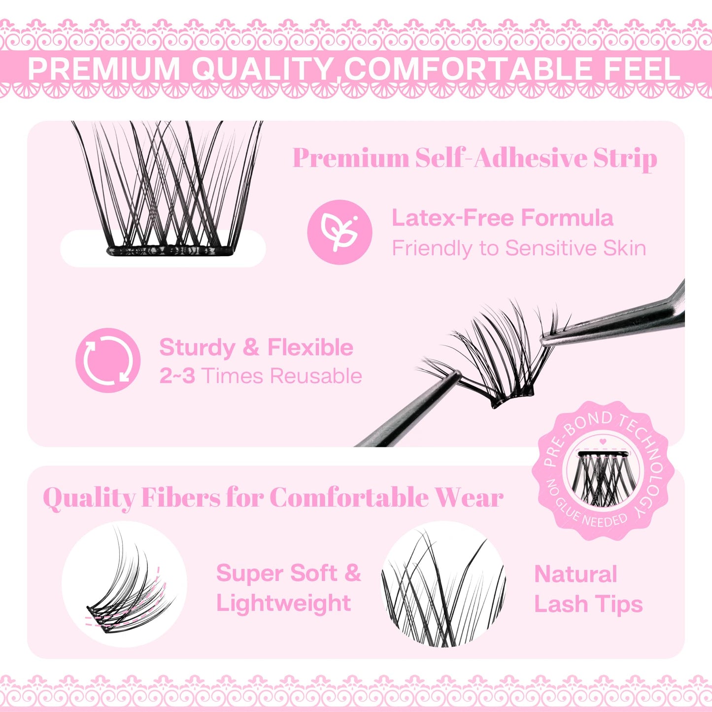 CALAILIS Self Adhesive Eyelashes 66Pcs Lash Clusters Press On Lashes, No Glue Needed Reusable DIY Eyelash Extensions Kit Pre Glued Eyelash Clusters with Lash Tweezers(DUO14,D-10-16mix)