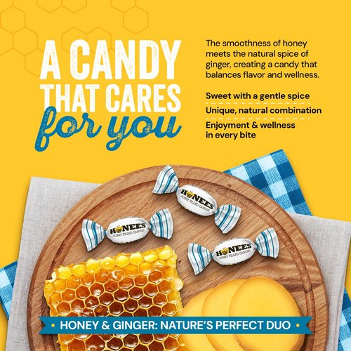 Honees Honey & Ginger Hard Candy - Natural Italian Treats with Real Honey & Ginger | 2.85 oz Pack